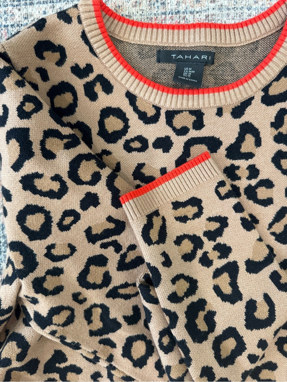Tahari Women’s Camel and Black Leopard Crewneck Sweater